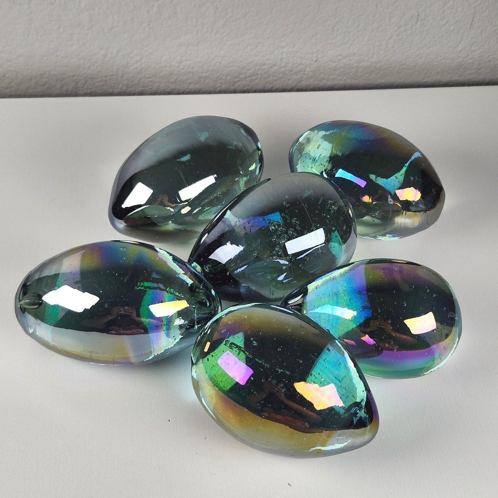 Vintage Hand-Blown Art Glass Eggs Paperweight Vibrant Rainbow Bullicante Set -6